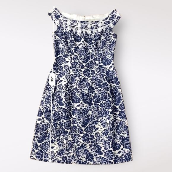 Carmen Marc Valvo Blue Floral Beaded Boatneck Linen  Mini Dress Size 8 Guest‎ - Picture 8 of 13